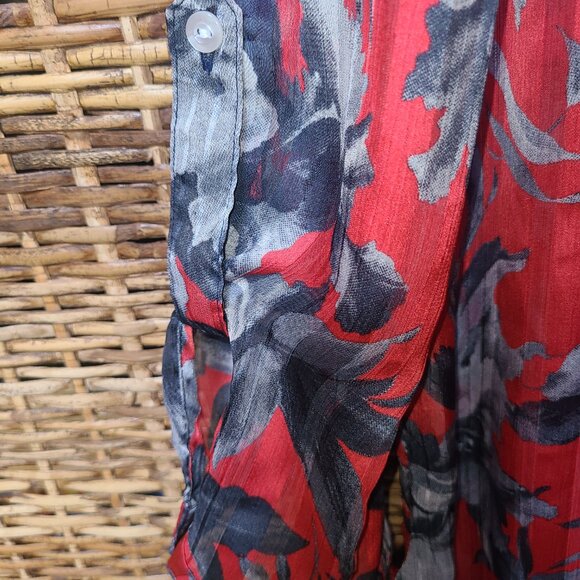 Nikkies Threads Red Gray Floral Sheer Blouse Size L Button & Arm Accent Pocket - Picture 5 of 6